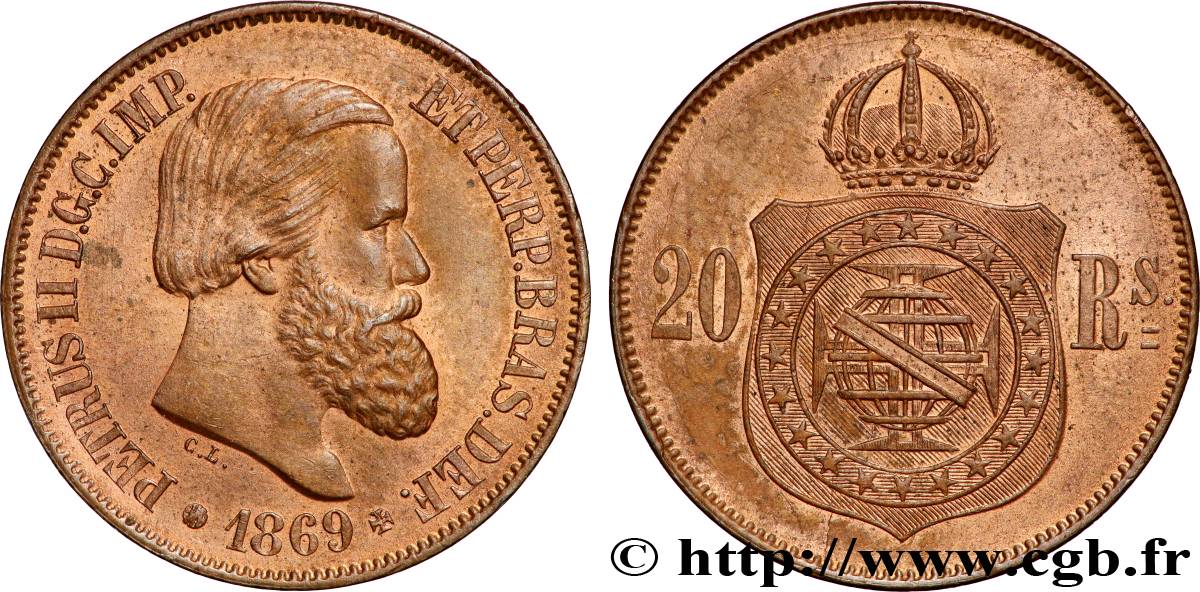 BRÉSIL - EMPIRE DU BRÉSIL - PIERRE II 20 Réis  1869  fVZ 