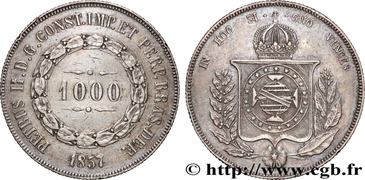 BRAZIL - EMPIRE OF BRAZIL - PETER II 1000 Reis  1857  AU 