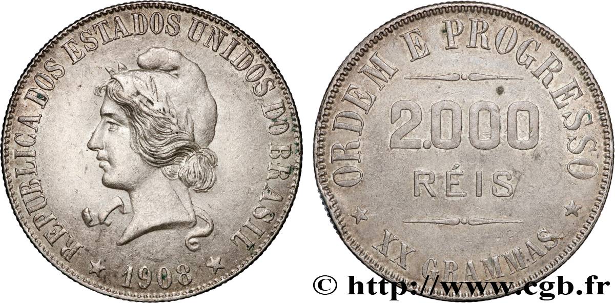 BRAZIL 2000 Reis 1908  XF 