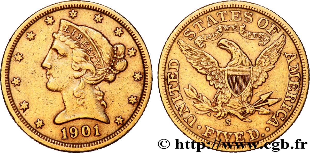 ORO, PALLADIO E PLATINO: INVESTIMENTI 5 Dollars  Liberty  1901 San Francisco BB 