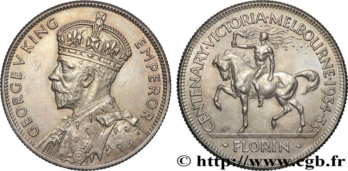 AUSTRALIE - GEORGES V 1 Florin 100e Anniversaire de la Reine Victoria et de Melbourne 1934-1935 Melbourne SUP 