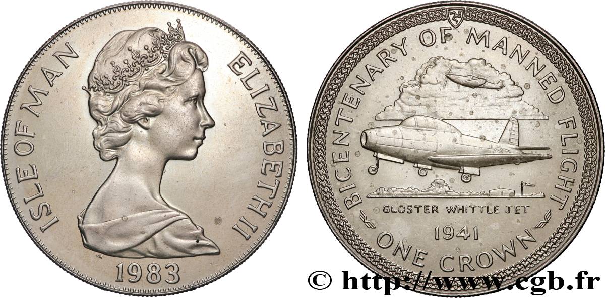 ISLE OF MAN 1 Crown bicentenaire du premier vol habité : Elisabeth II / Jet Glotter Whittle 1983  AU 