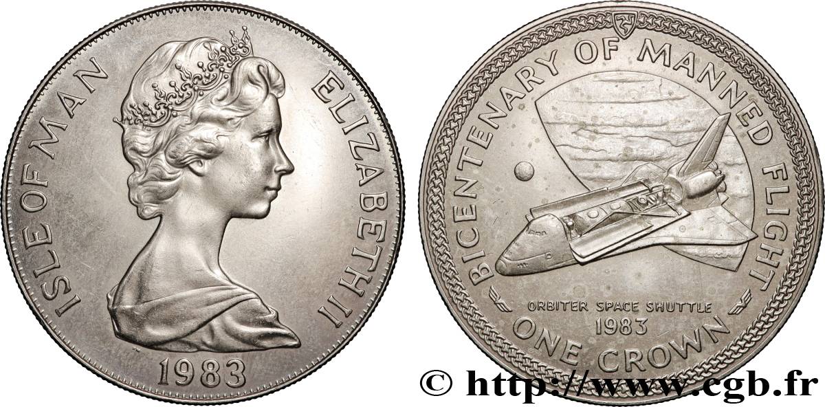 ISLE OF MAN 1 Crown bicentenaire du premier vol habité : Elisabeth II / navette “Orbiter” 1983 Pobjoyv Mint AU 