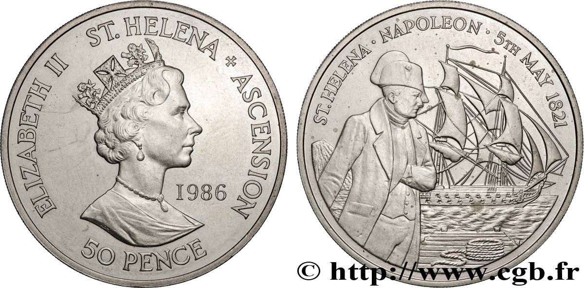 SAINT HELENA & ASCENSION 50 Pence Elisabeth II / mort de Napoléon à St Hélène 1986  AU 