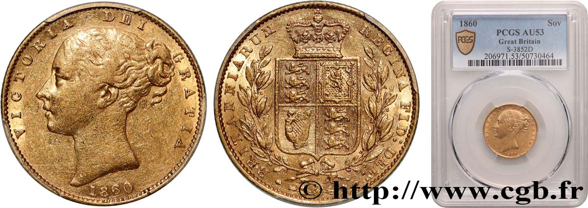 GRAN BRETAÑA - VICTORIA 1 Souverain buste jeune / blason  1860 Londres MBC53 PCGS