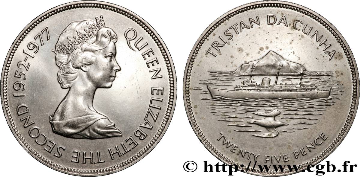 TRISTAN DA CUNHA 25 Pence 25e anniversaire du couronnement d’Elizabeth II 1977  AU 