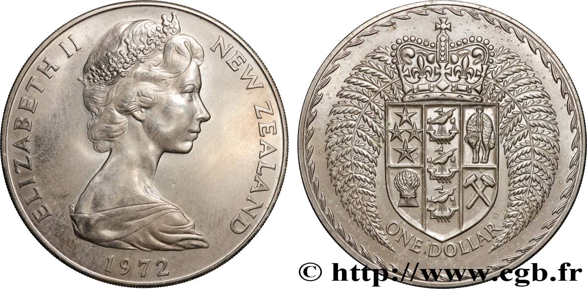 NEW ZEALAND 1 Dollar Elisabeth II / emblème couronné entouré de fougères 1972 Canberra AU 