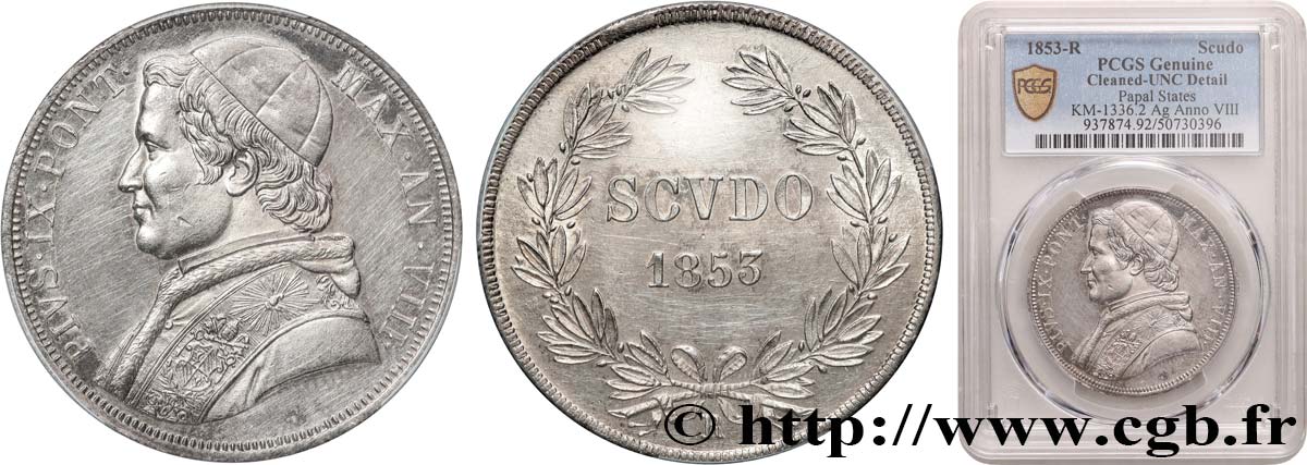 ITALY - PAPAL STATES - PIUS IX (Giovanni Maria Mastai Ferretti) 1 Scudo an VIII 1853 Rome AU PCGS