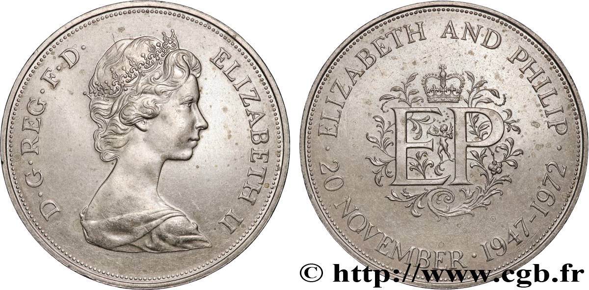 VEREINIGTEN KÖNIGREICH 25 New Pence (1 Crown) 25e anniversaire de mariage d’Elisabeth II 1972  VZ 