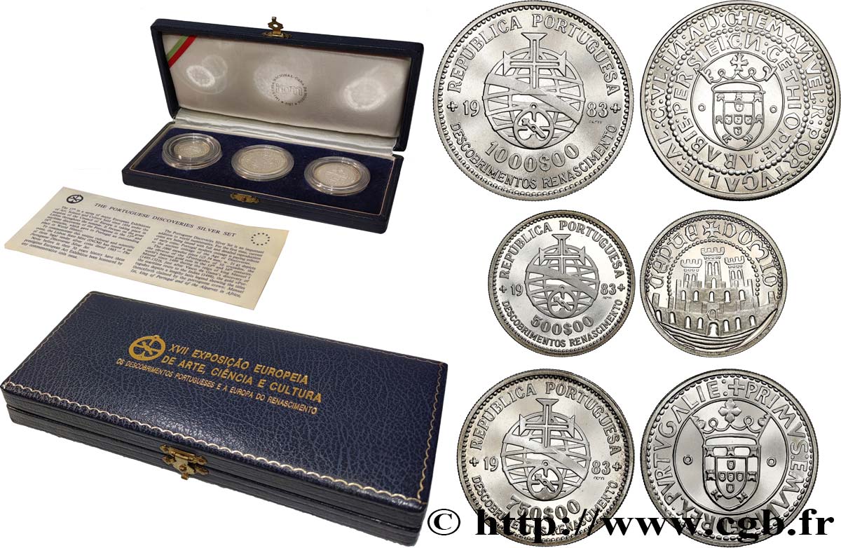 PORTUGAL Coffret de trois monnaies 500, 750 et 1000 Escudos “découvertes et renaissance” 1983  MS 