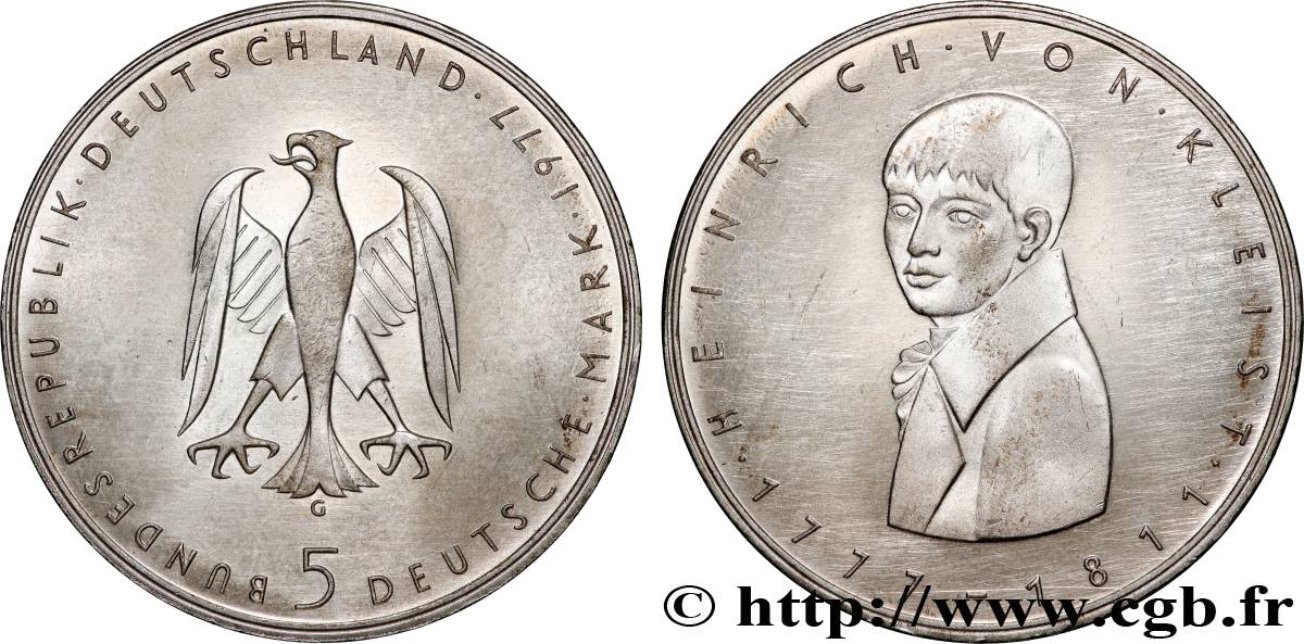 DEUTSCHLAND 5 Mark proof Heinrich von Kleist 1977 Karlsruhe VZ 