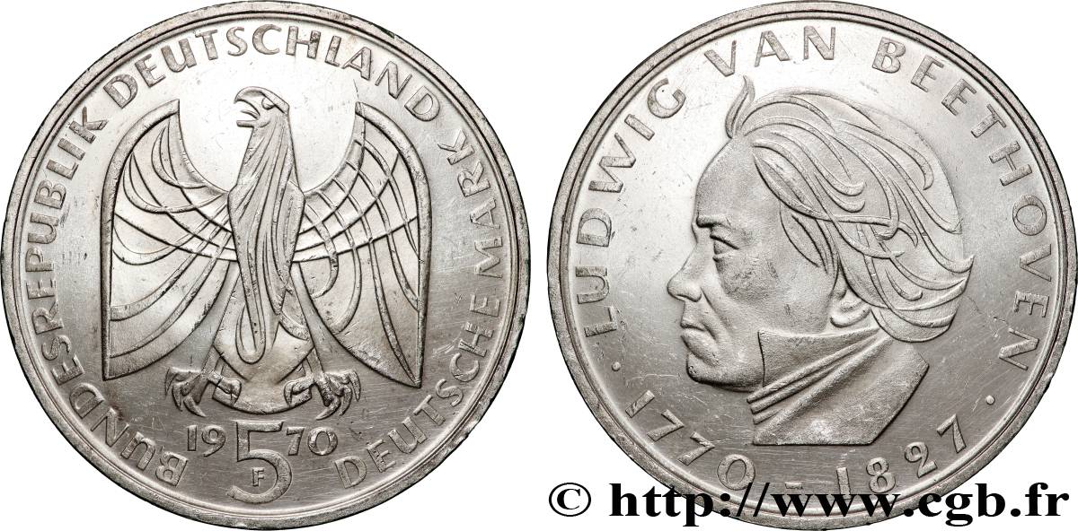 ALLEMAGNE 5 Mark Proof 200e anniversaire de la naissance de Beethoven 1970 Stuttgart  SPL 