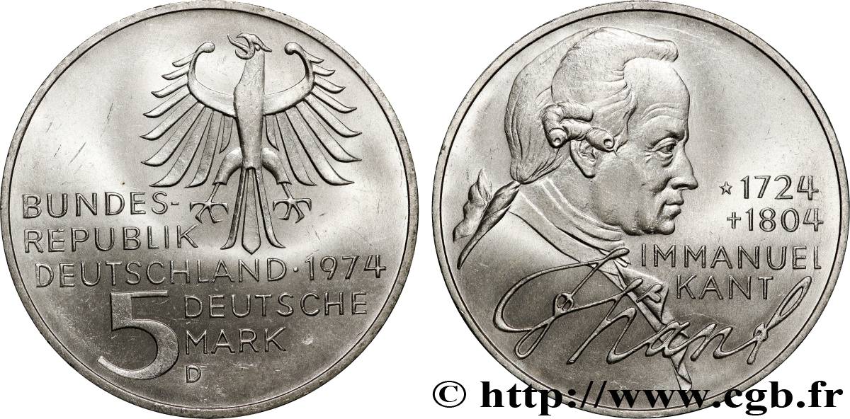 DEUTSCHLAND 5 Mark Emmanuel Kant 1974 Munich  VZ 