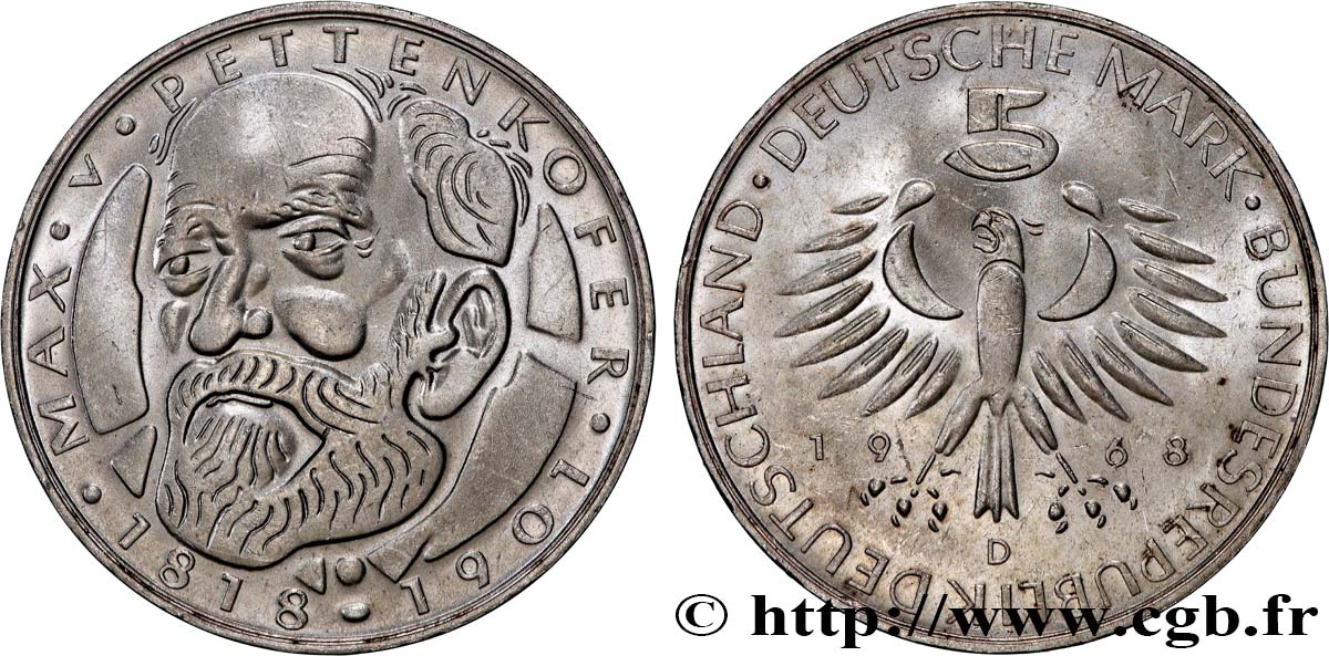 DEUTSCHLAND 5 Mark chimiste Max Joseph von Pettenkofer 1968 Munich VZ 