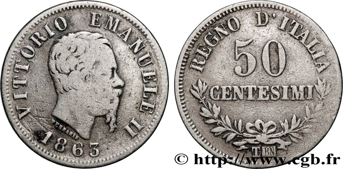 ITALIE 50 Centesimi Victor Emmanuel II 1863 Turin TB 