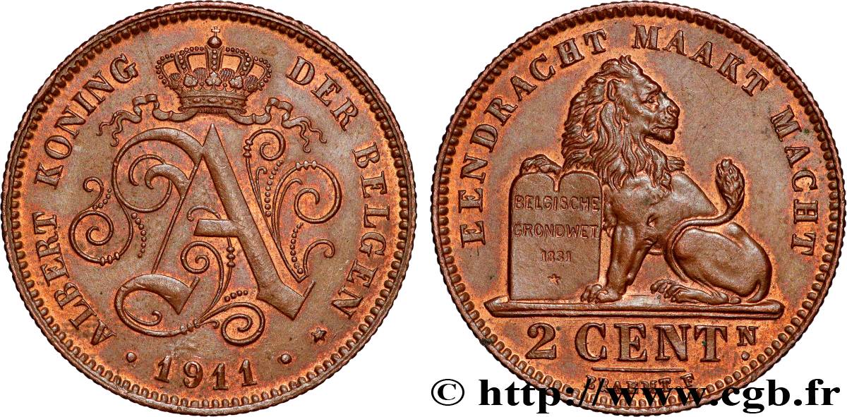 BÉLGICA 2 Centiemen (Centimes) Albert Ier légende flamande 1911  MBC+ 