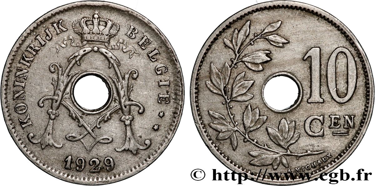 BELGIQUE 10 Centiemen (Centimes) Albert Ier 1929  TTB 