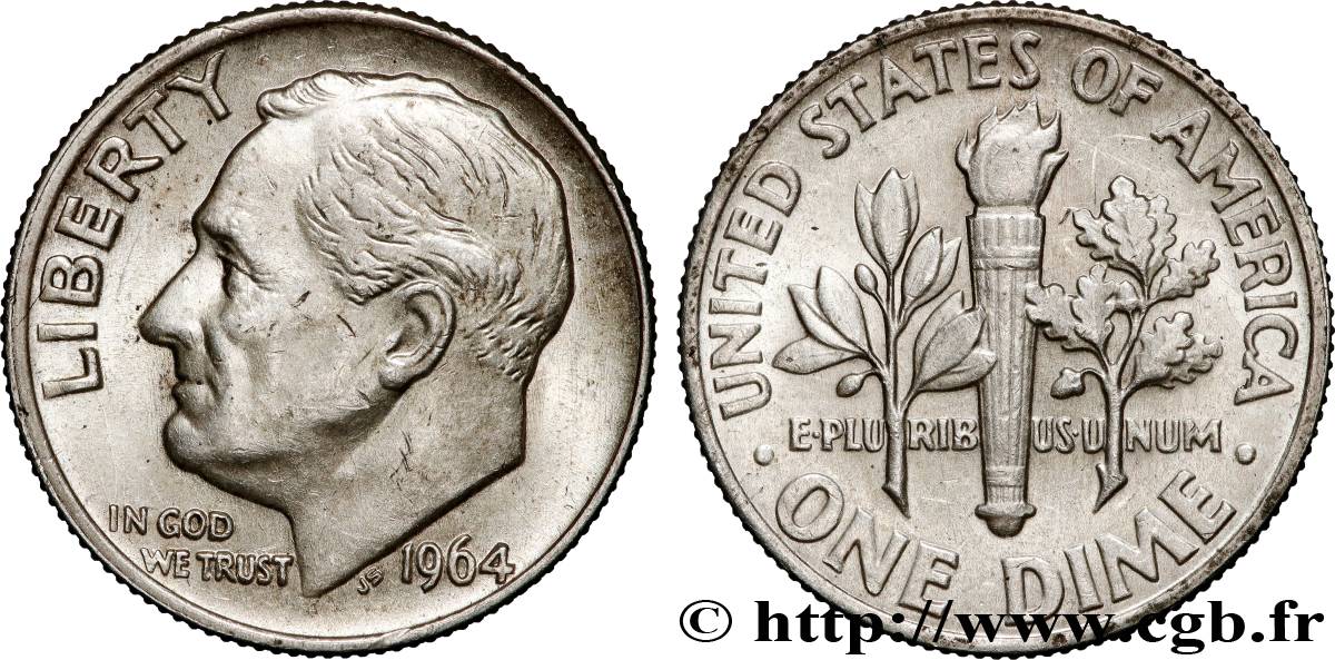 UNITED STATES OF AMERICA 1 Dime (10 Cents) Roosevelt 1964 Philadelphie AU 