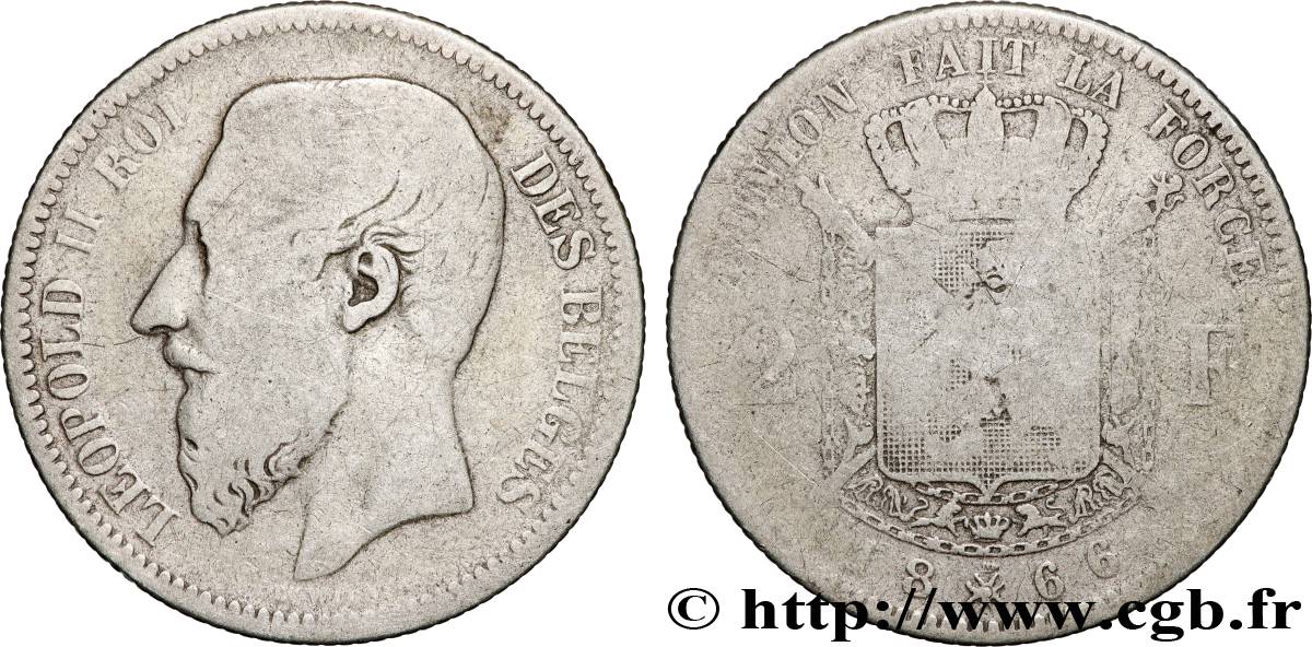 BELGIUM 2 Francs Léopold II légende française 1866  F 