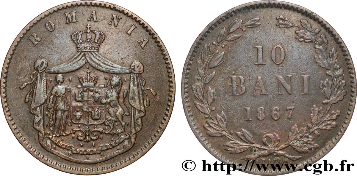 RUMANIA 10 Bani armes 1867 Watt & Co MBC 