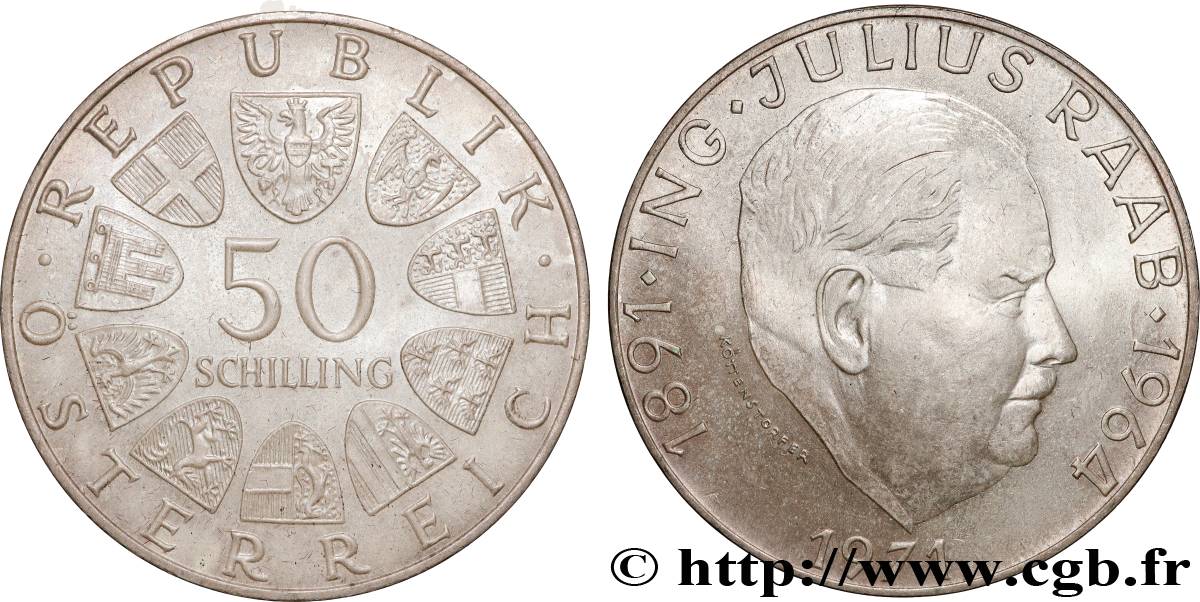 AUSTRIA 50 Schilling 80e anniversaire de la naissance du chancelier Julius Raab 1971  MS 