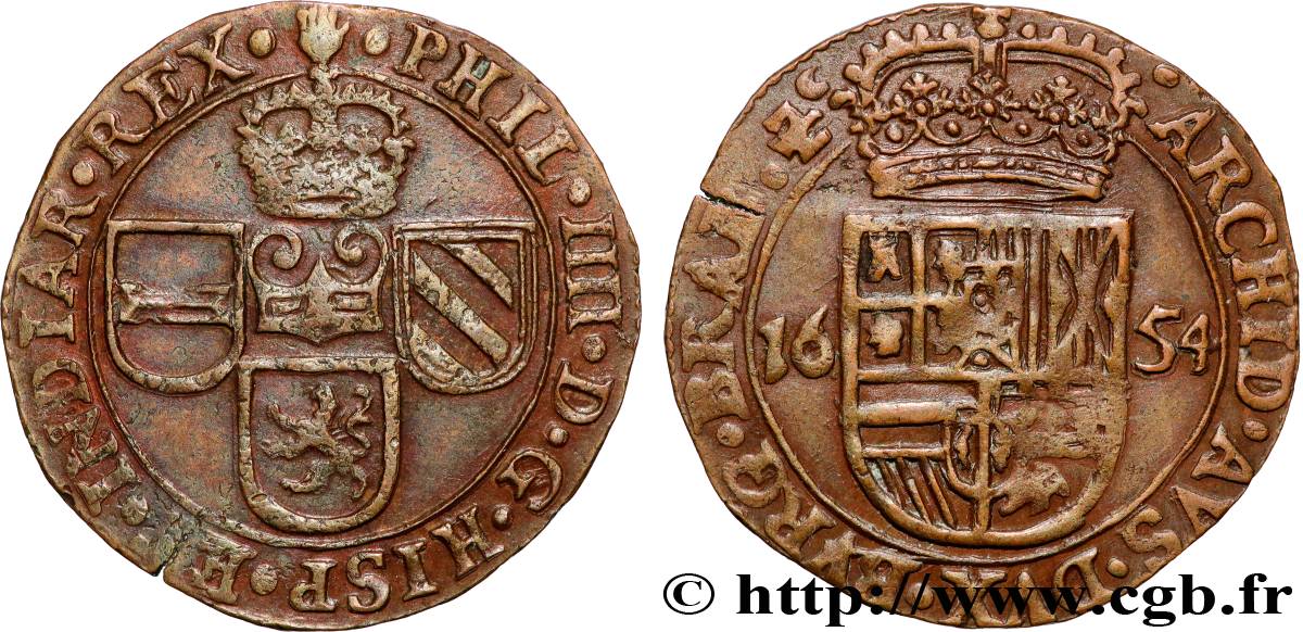 PAYS-BAS ESPAGNOLS - DUCHÉ DE BRABANT - PHILIPPE IV 1 Liard 1654 Anvers TTB 