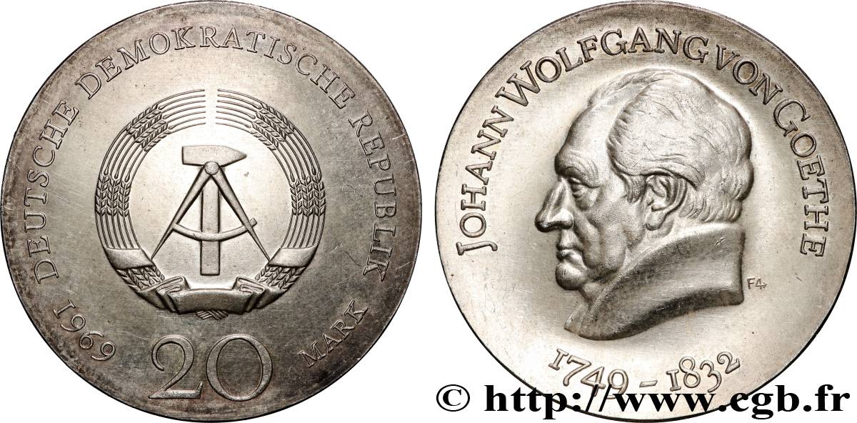 GERMAN DEMOCRATIC REPUBLIC 20 Mark Johann Wolfgang Von Goethe 1969 Berlin AU 