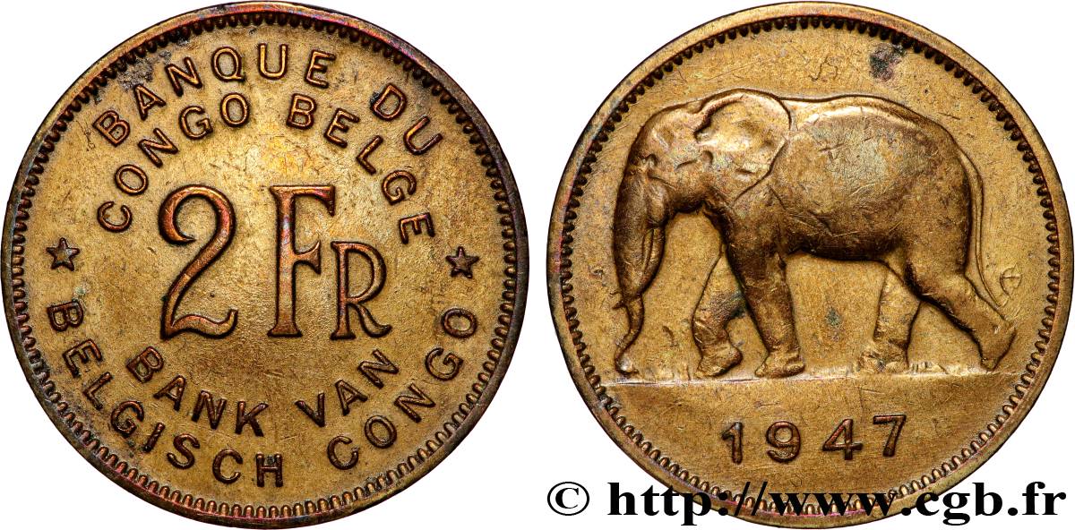 BELGIAN CONGO 2 Francs éléphant 1947  XF 