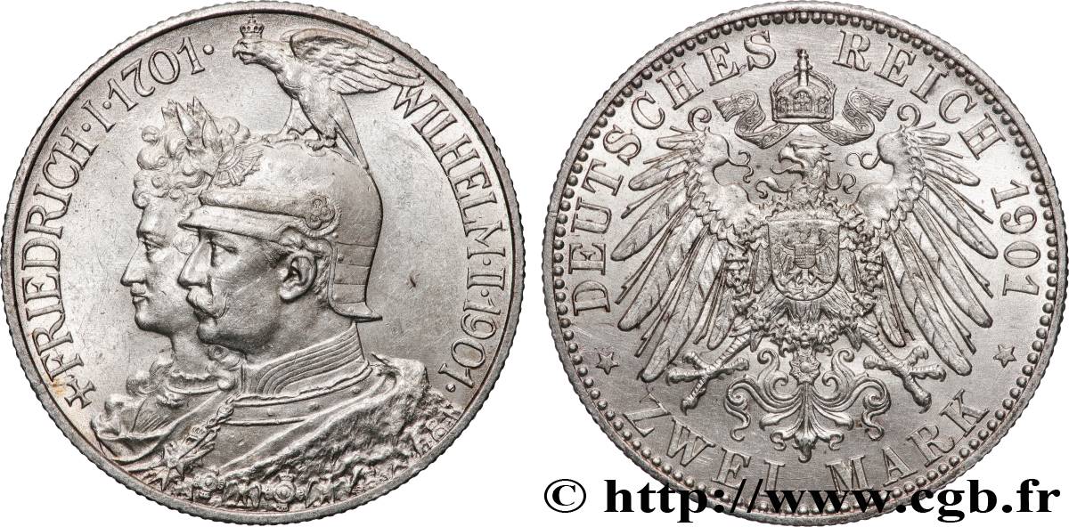 GERMANY - PRUSSIA 2 Mark Guillaume II 200e anniversaire de la Prusse 1901 Berlin AU 