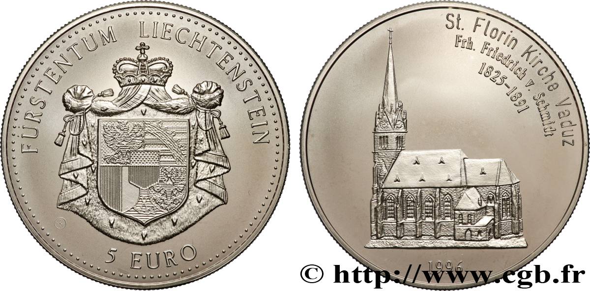 LIECHTENSTEIN 5 Euro Proof Église de Vaduz 1996  FDC 