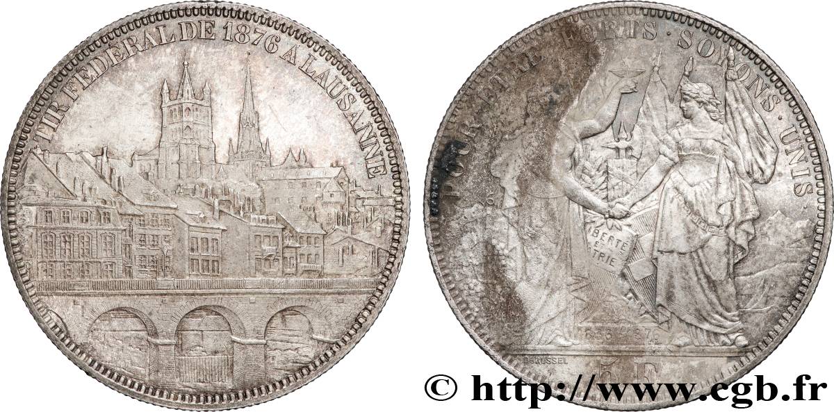 SWITZERLAND 5 Francs, monnaie de Tir, Lausanne 1876  XF 