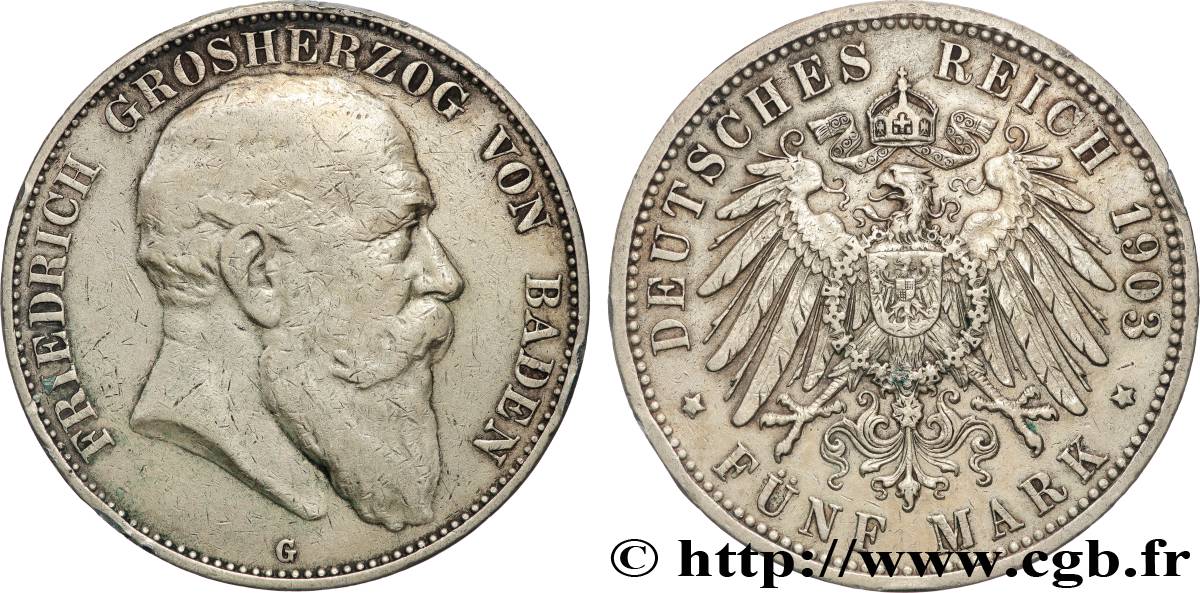 ALLEMAGNE - GRAND-DUCHÉ DE BADE - FRÉDÉRIC Ier 5 Mark  1903 Karlsruhe  MBC 