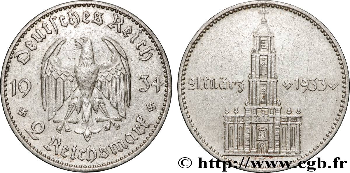 DEUTSCHLAND 2 Reichsmark Commémoration du serment du 21 mars 1933 en l’église de la garnison de Potsdam 1934 Stuttgart SS 