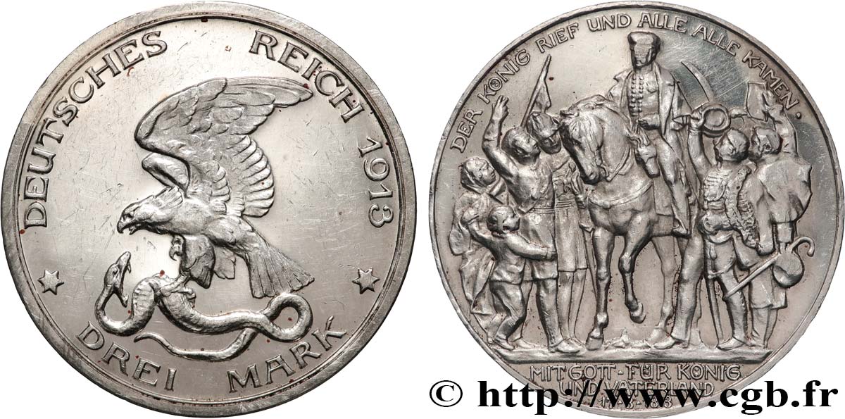 ALEMANIA - PRUSIA 3 Mark 100e anniversaire défaite de Napoléon 1913 Berlin MBC+ 