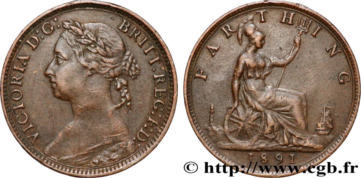 VEREINIGTEN KÖNIGREICH 1 Farthing Victoria “Bun Head” 1891 Londres SS 