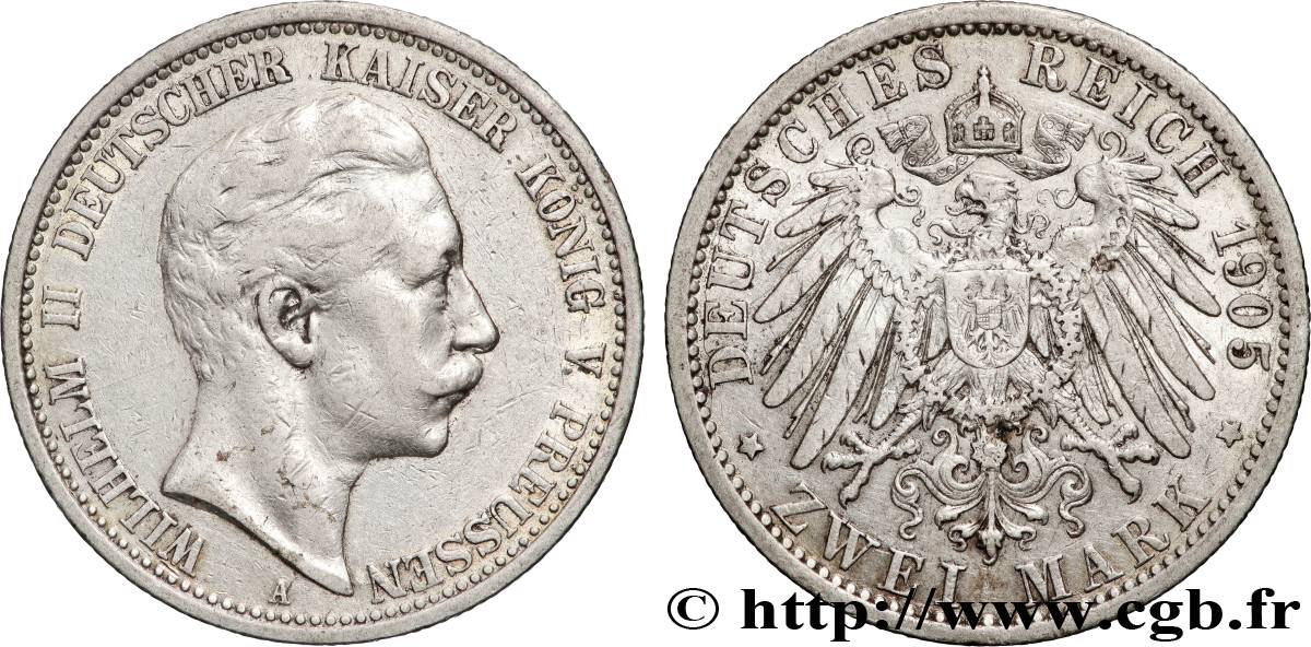 GERMANY - PRUSSIA 2 Mark Guillaume II  1905 Berlin XF 