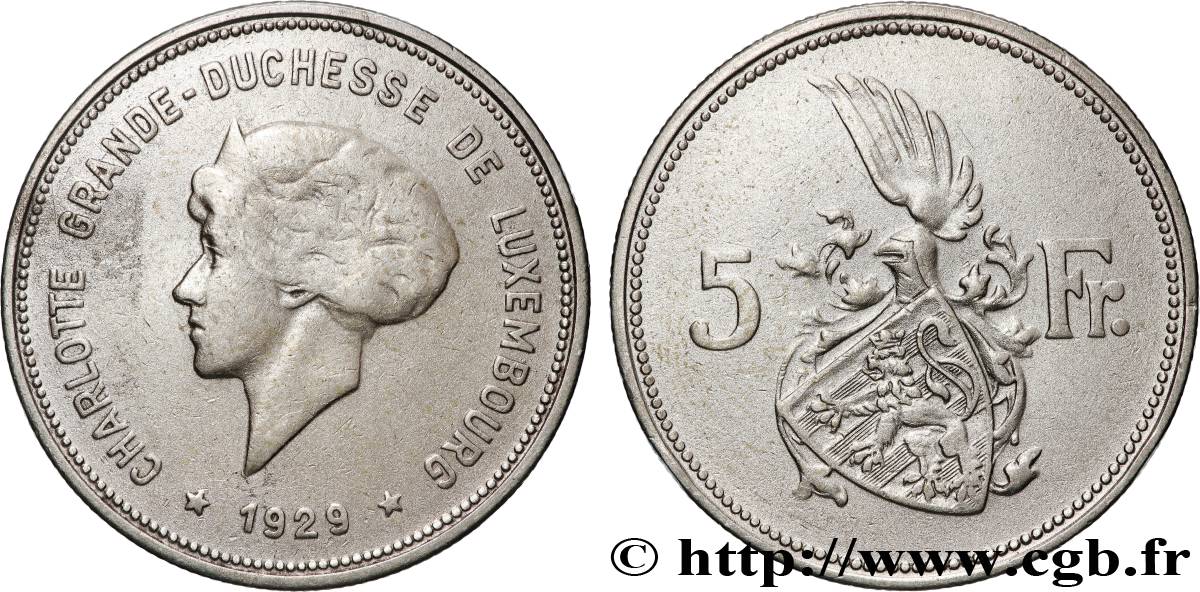 LUXEMBURG 5 Francs Grande-Duchesse Charlotte 1929  fSS 