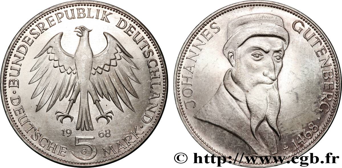 DEUTSCHLAND 5 Mark Johannes Gutenberg 1968 Karlsruhe VZ 