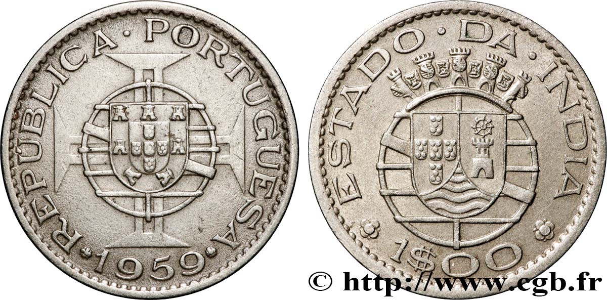 PORTUGIESISCH-INDIEN 1 Escudo emblème du Portugal / emblème de l’État portugais de l Inde 1959  fVZ 