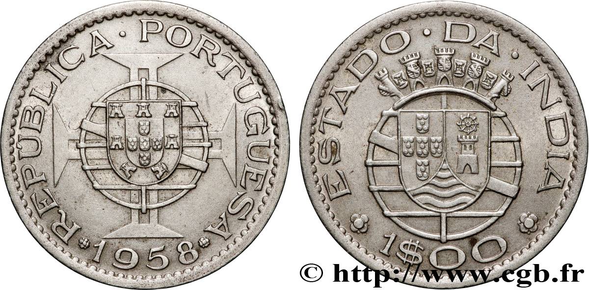 PORTUGIESISCH-INDIEN 1 Escudo emblème du Portugal / emblème de l’État portugais de l Inde 1958  fVZ 