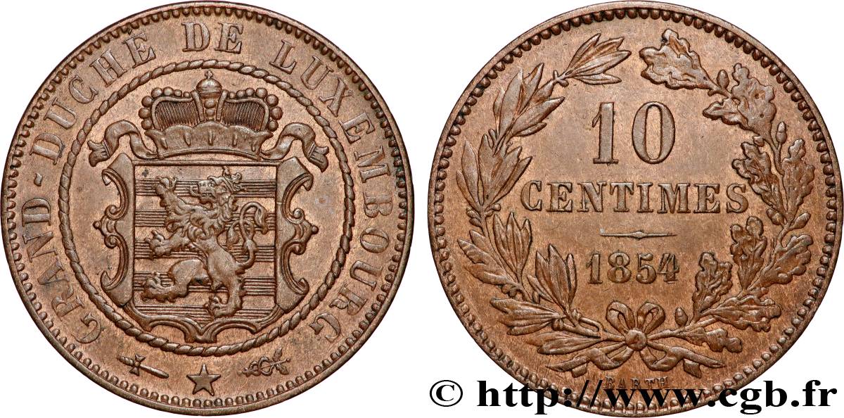 LUXEMBURG 10 Centimes écu couronné 1854 Utrecht VZ 