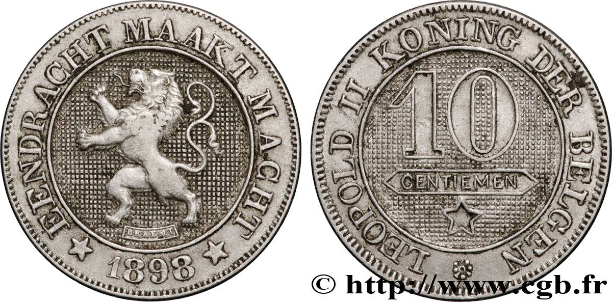 BELGIUM 10 Centiemen (Centimes) légende flamande 1898  XF 