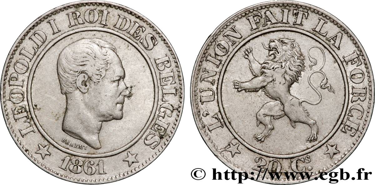 BELGIUM 20 Centimes Léopold Ier 1861  XF 