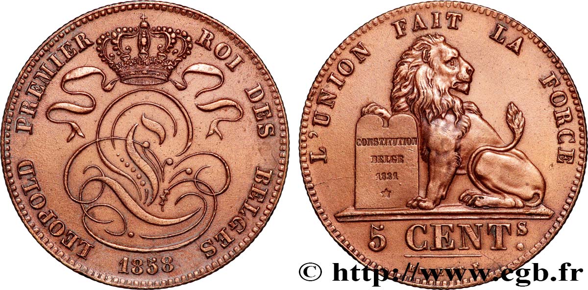 BELGIUM 5 Centimes monograme de Léopold couronné / lion 1858  AU 