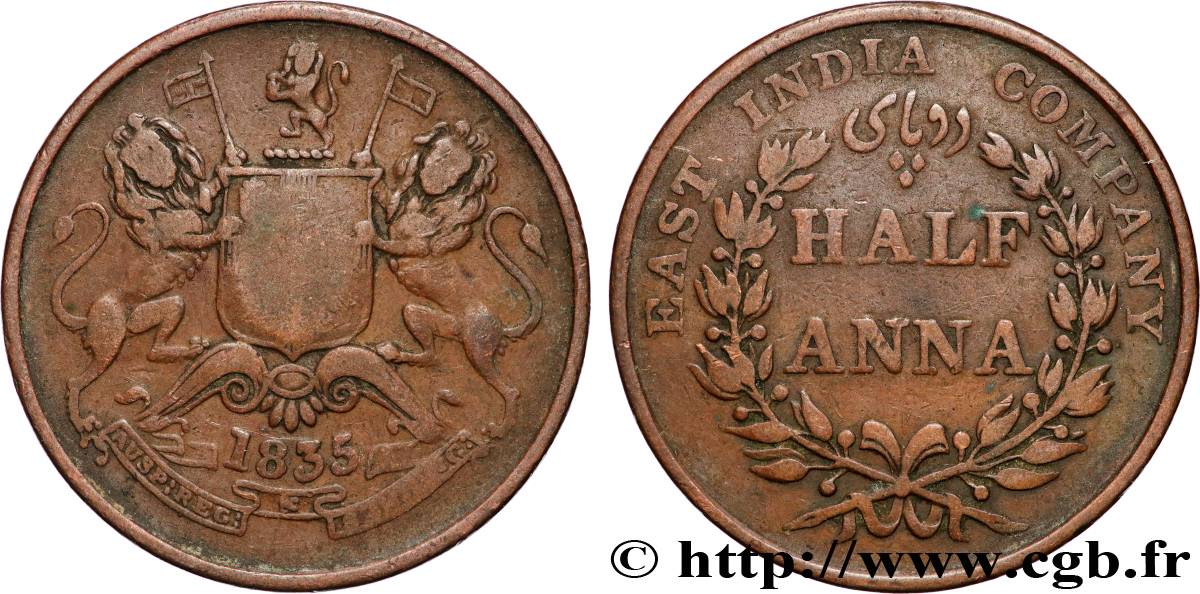 INDES BRITANNIQUES 1/2 Anna East India Company 1835 Bombay TB+ 