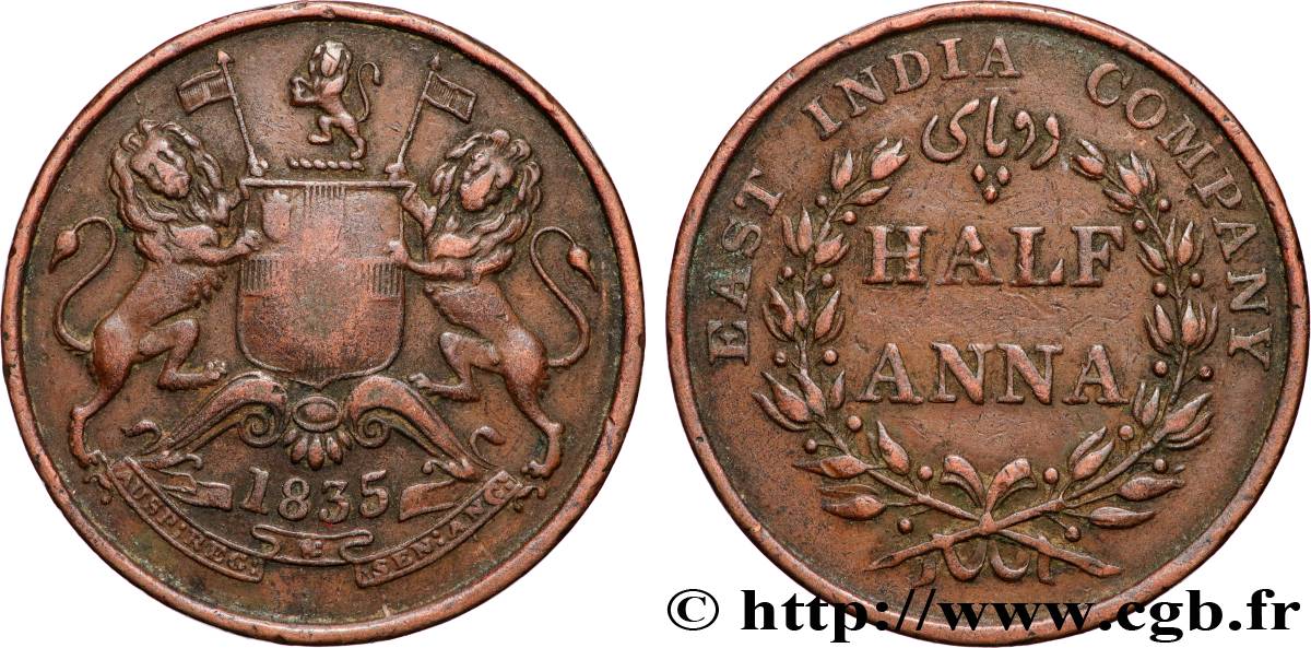 BRITISH INDIA 1/2 Anna East India Company 1835 Bombay VF 