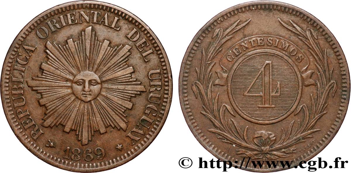 URUGUAY 4 Centesimos 1869 Paris BB 