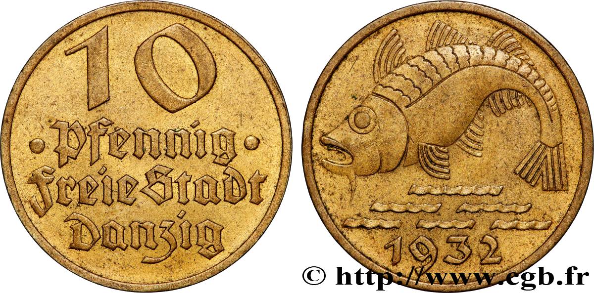 LIBERA CITTA DI DANZICA 10 Pfennig poisson 1932 Berlin BB 