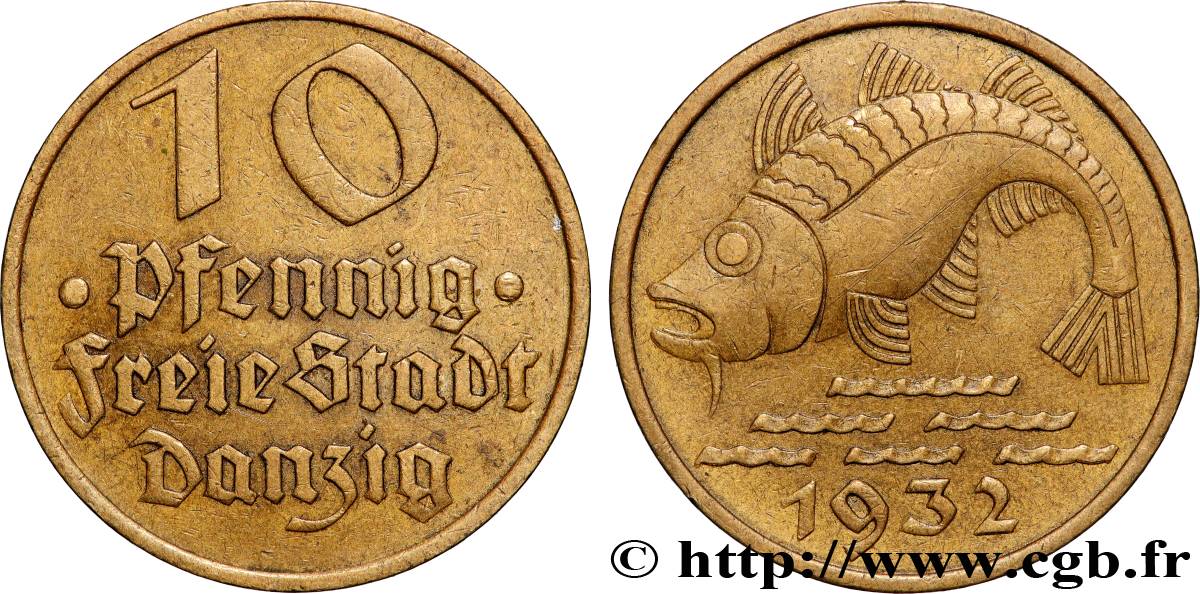 LIBERA CITTA DI DANZICA 10 Pfennig poisson 1932 Berlin BB 