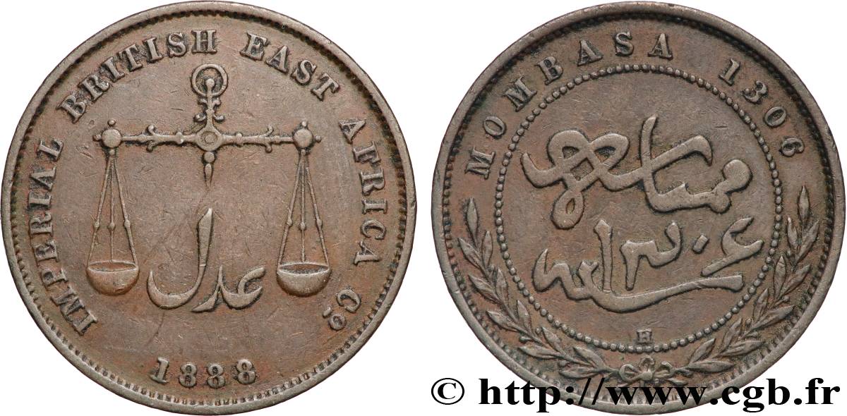 MOMBASA 1 Pice Imperial British East Africa Company AH1306 1888 Calcutta XF 